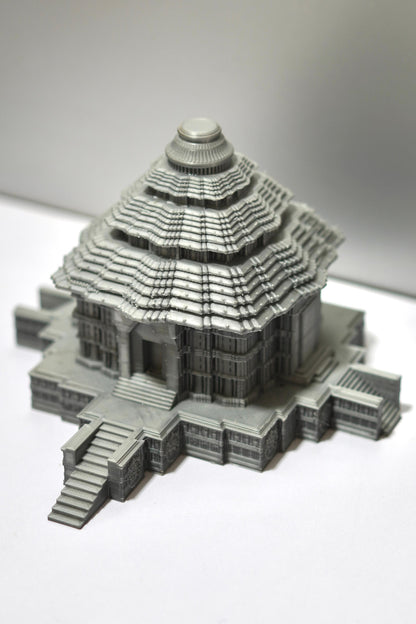 The Konark Sun Temple Sculpture is a 5.5-inch gray 3D-printed model with intricate Indian architectural details, tiered roofs, and multiple staircases, displayed on a plain white surface.