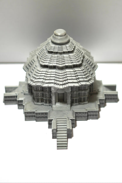 The Konark Sun Temple Sculpture is a 5.5-inch heritage architecture model, showcasing intricate gray multi-tiered domes and detailed steps, inspired by Indian temple design—displayed as a striking miniature on a white background.
