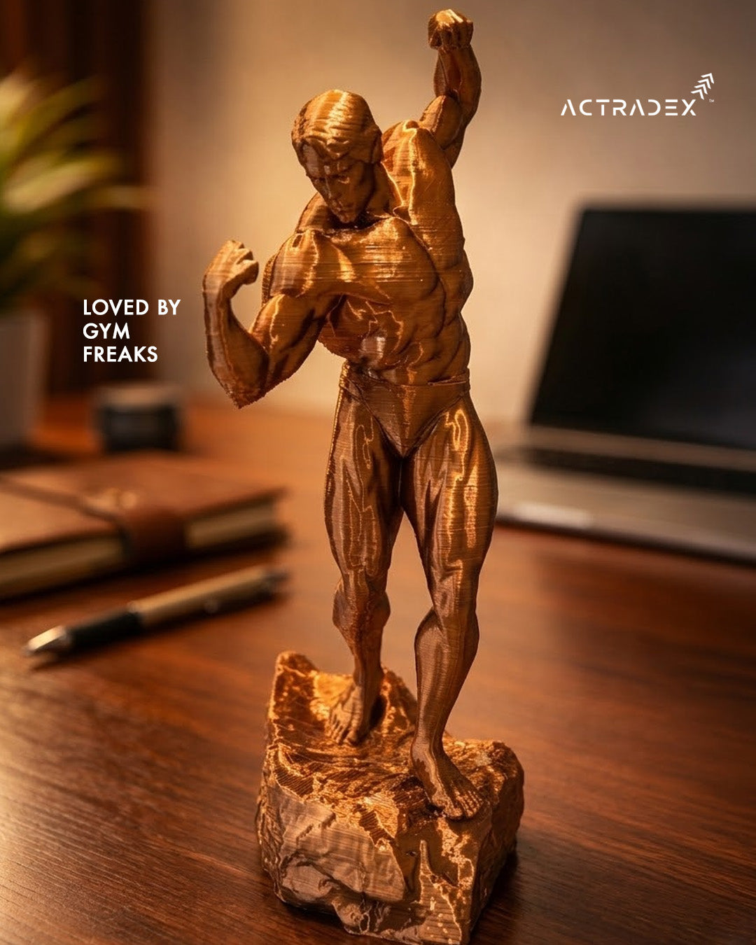 An Arnold Gym Champion - 8” bronze sculpture of a muscular man on a rock sits on a desk with a notebook, pen, and plant. Text in the background reads, “LOVED BY GYM FREAKS” and “ACTRADEX”—a perfect gift for gym lovers.