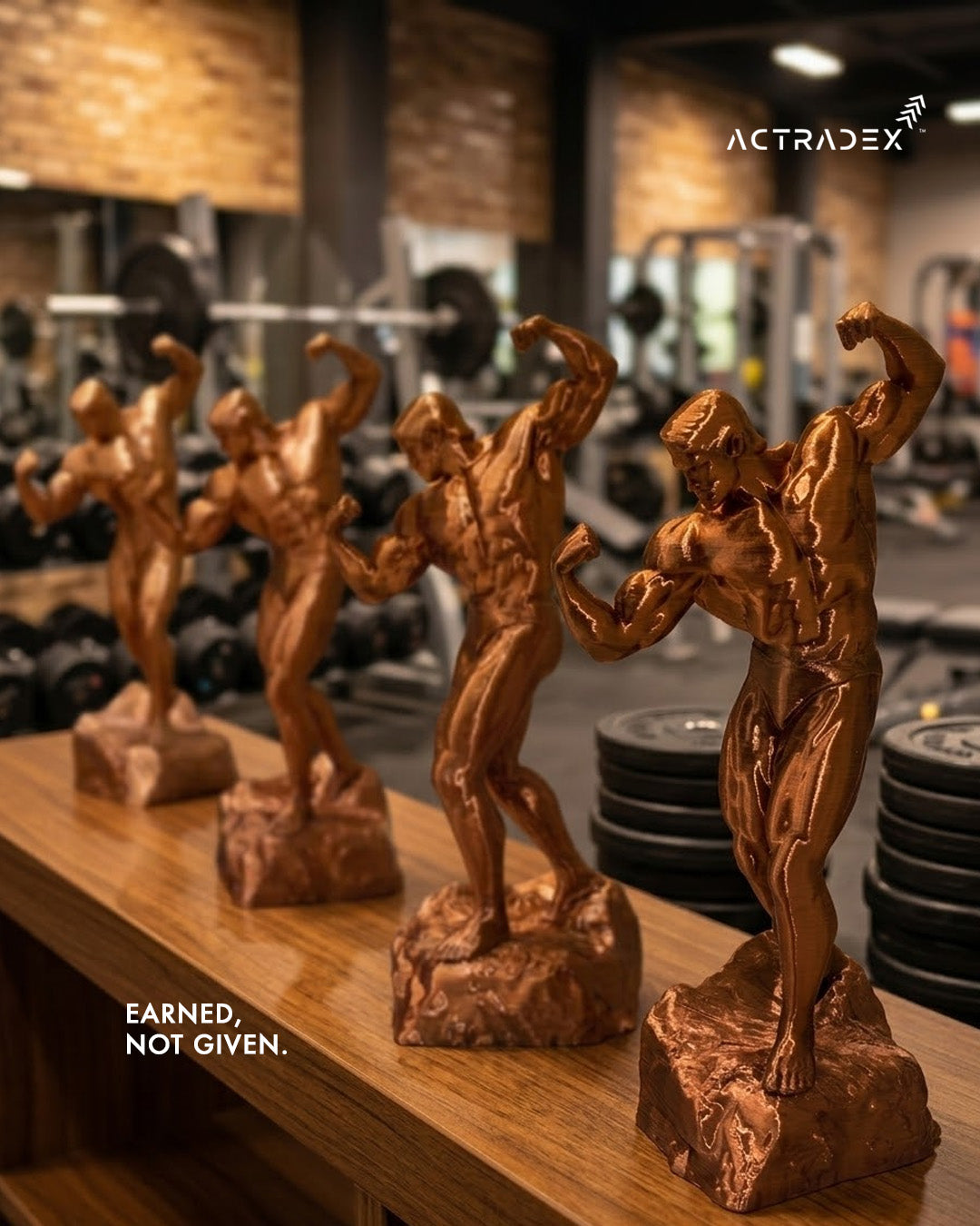 Four Arnold Gym Champion - 8” Sculptures with a premium metallic finish are displayed on a wooden shelf in a gym, equipment and weights behind them. "EARNED, NOT GIVEN." and the Actradex logo make this the perfect gift for gym lovers.